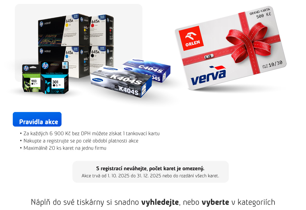 Získejte tankovací kartu v hodnotě 500 Kč při nákupu originálních náplní HP nebo Samsung nad 6 900 Kč