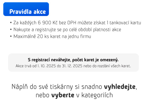 Získejte tankovací kartu v hodnotě 500 Kč při nákupu originálních náplní HP nebo Samsung nad 6 900 Kč