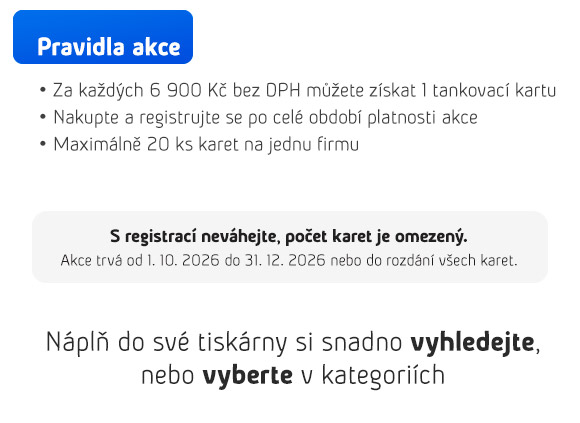 Získejte tankovací kartu v hodnotě 500 Kč při nákupu originálních náplní HP nebo Samsung nad 6 900 Kč