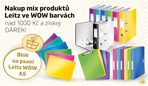 Nakup mix produktů Leitz ve WOW barvách nad 1000 Kč a získej dárek blok Leitz WOW!