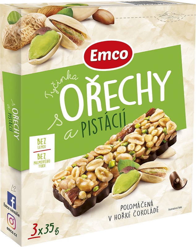 Tyčinka Emco s ořechy a pistácií, 3x 35g