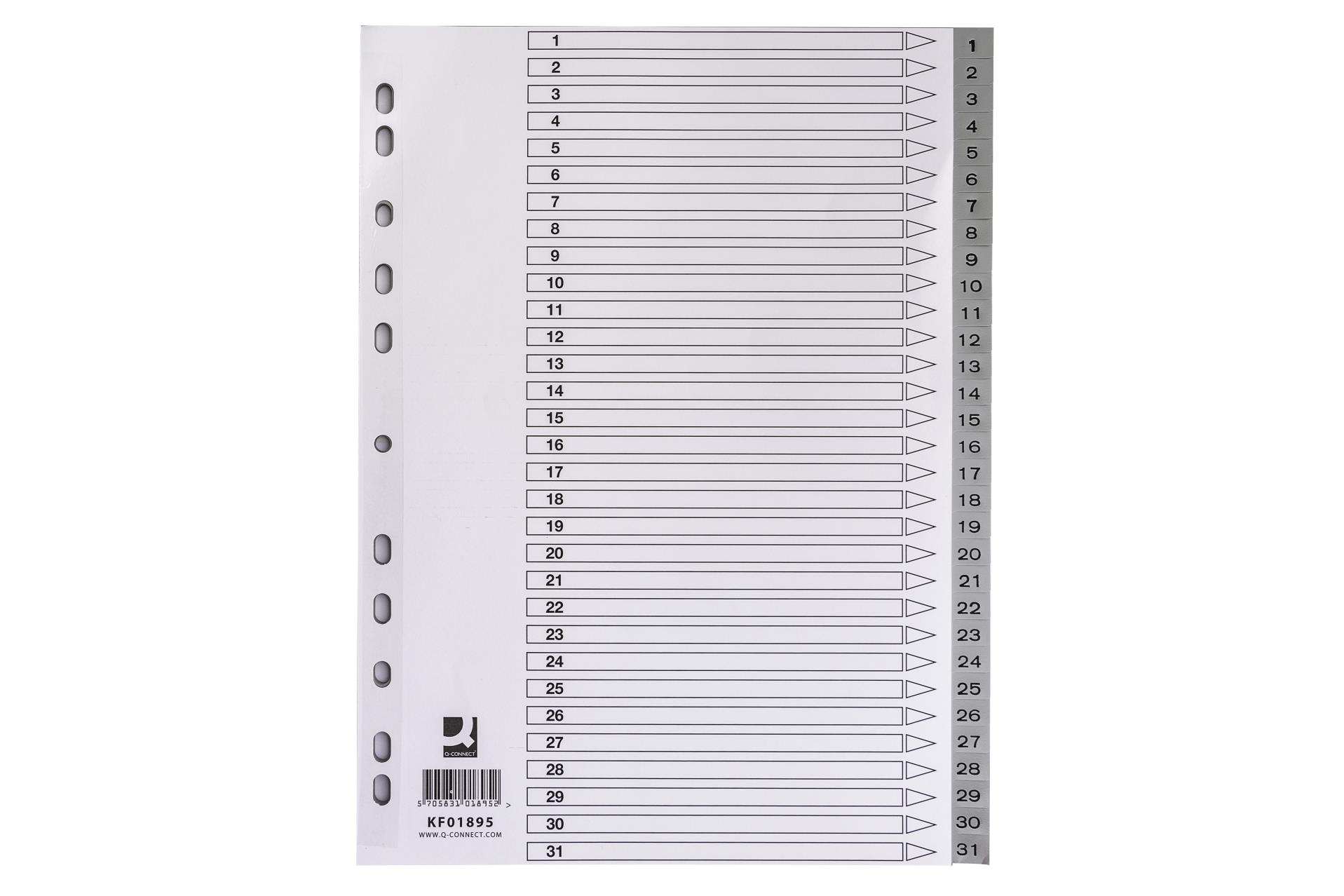 Plastový rejstřík Q-Connect A4 1-31, bílý s šedou