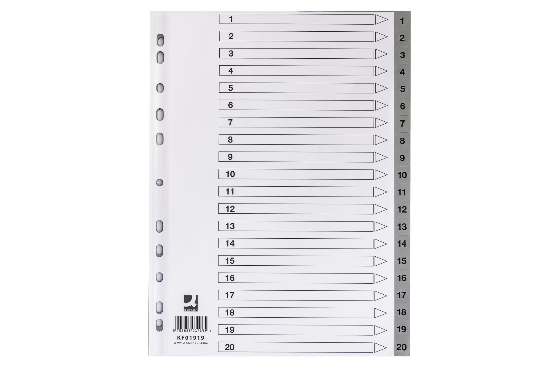Plastový rejstřík Q-Connect A4 1-20, bílý s šedou