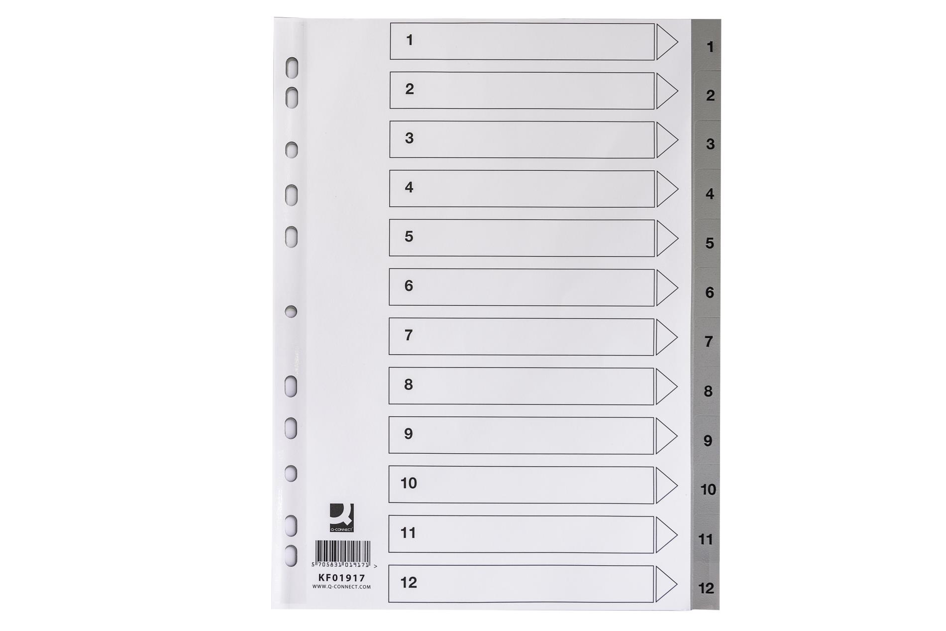 Plastový rejstřík Q-Connect A4, 1-12 bílý s šedou