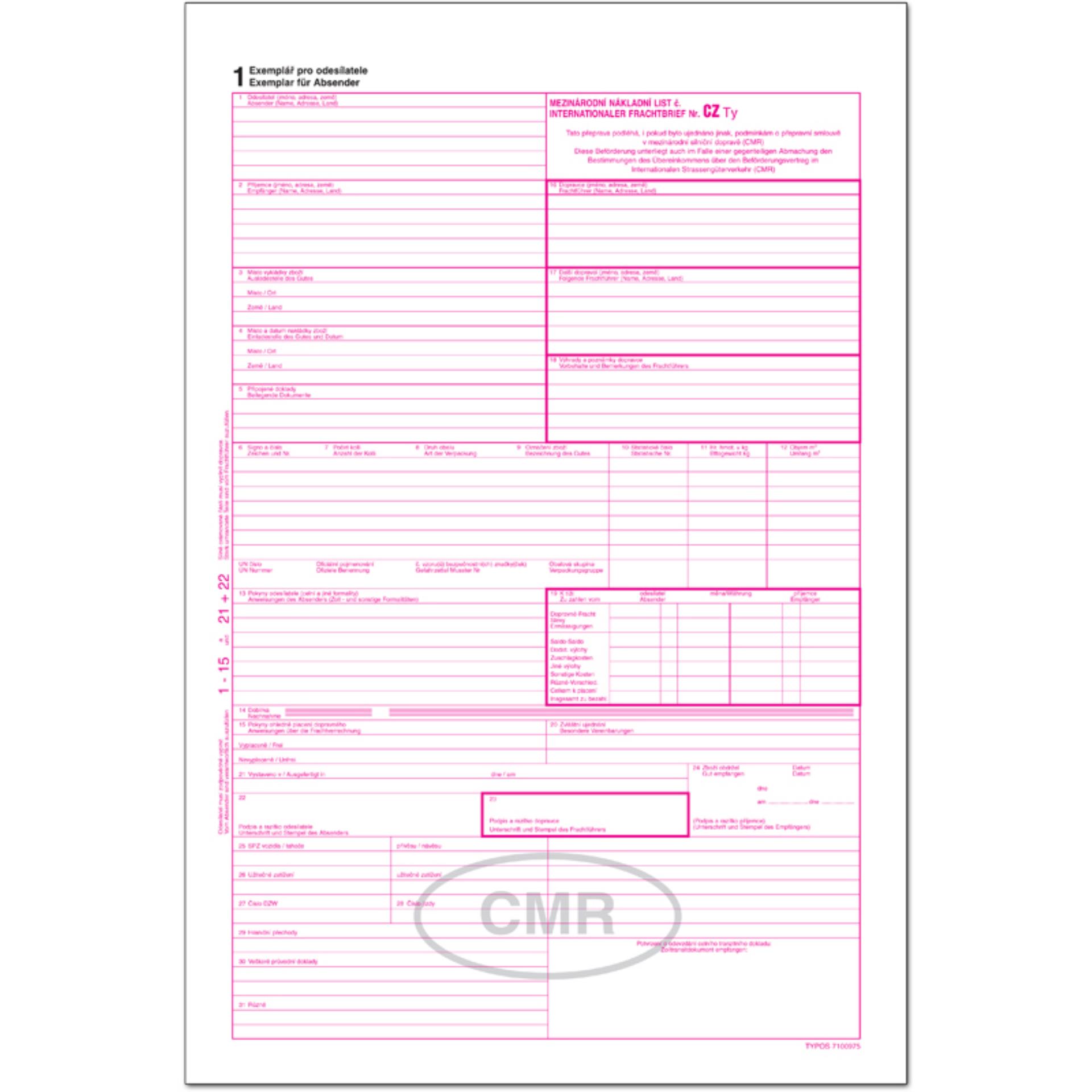 Mezinárodní nákladní list CMR Typos - česko-německá verze, propisovací, 200 ks