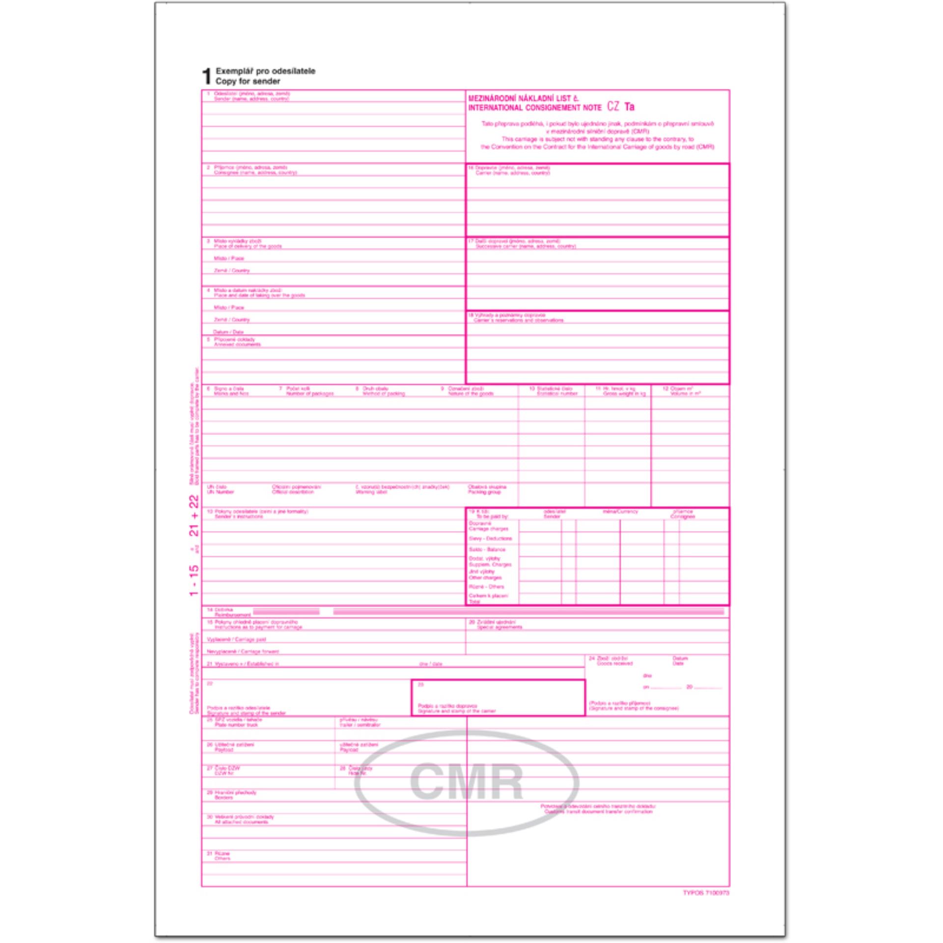 Mezinárodní nákladní list CMR Typos - česko-anglická verze, propisovací, 100 ks