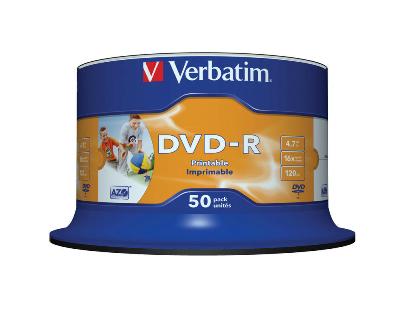 Disky DVD-R Verbatim Printable - potisknutelné, cake box, 50 ks