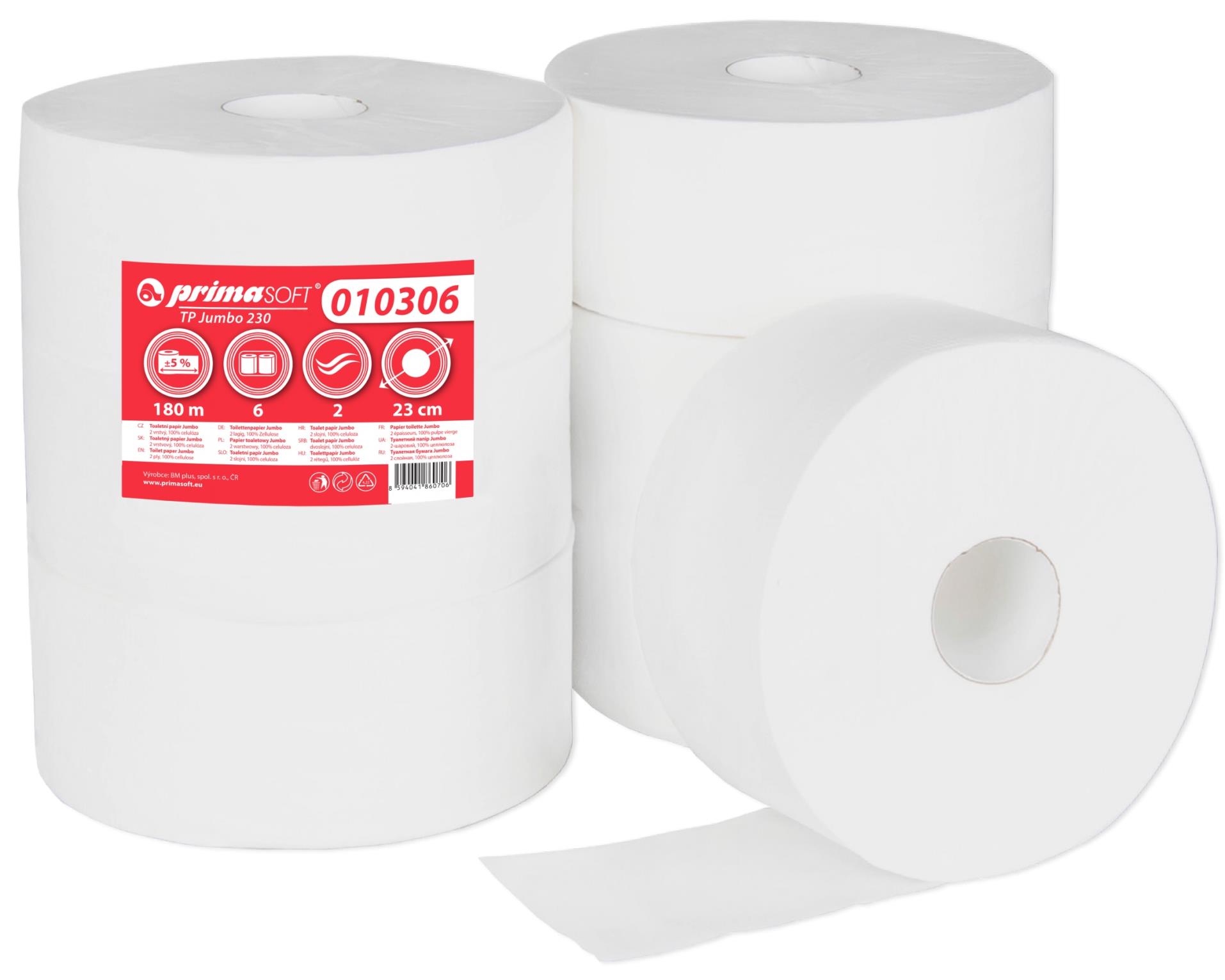 Toaletní papír jumbo PrimaSoft - 2vrstvý, celulóza, 23 cm, 6 rolí