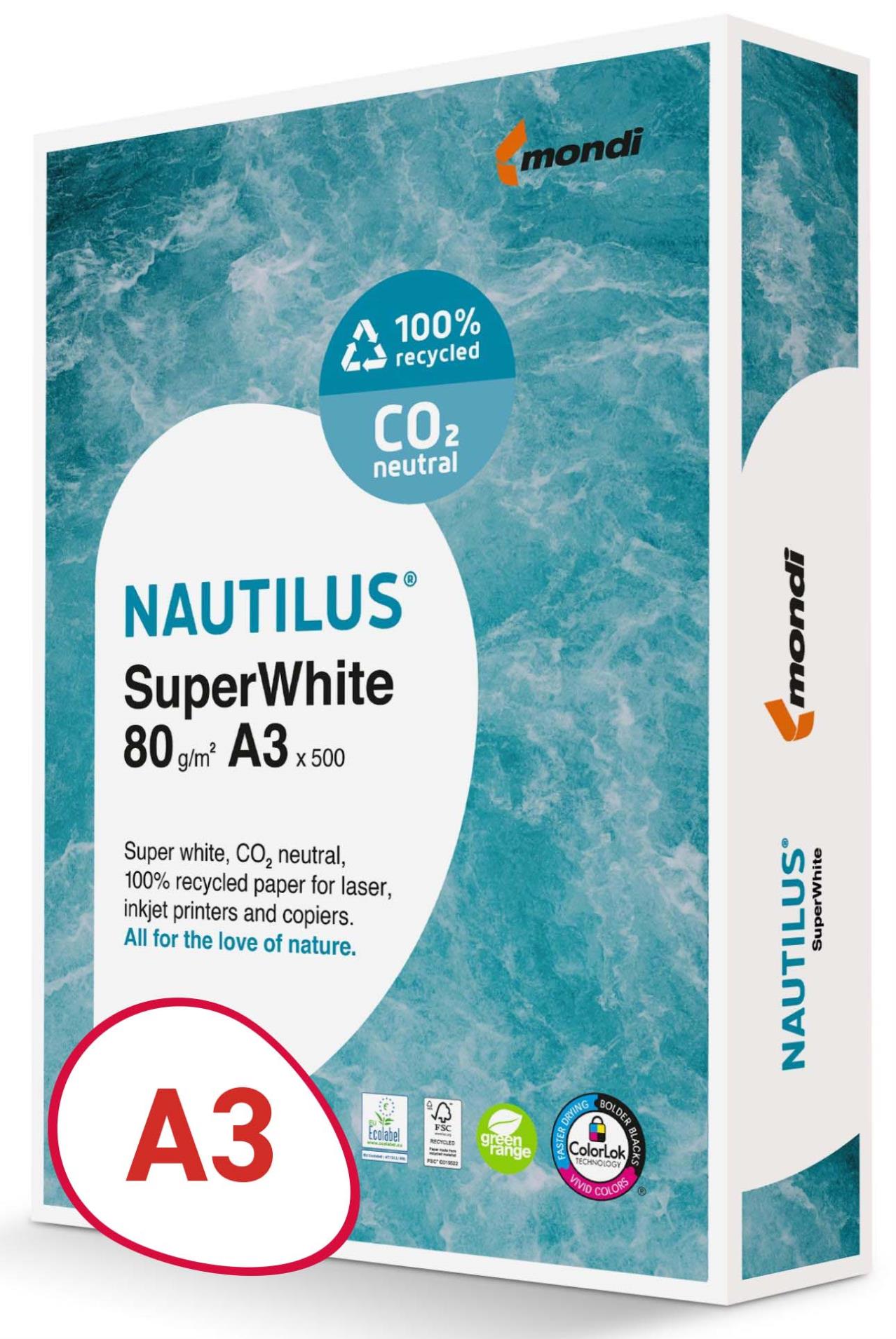 Nautilus Recyklovaný papír Nautilus Superwhite - A3, zářivě bílá, 80 g/m2, CIE 150, 500 listů
