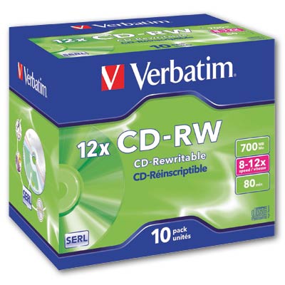 CD-RW Verbatim - přepisovatelná, rychlost 4x - 12x, standard box, 10 ks
