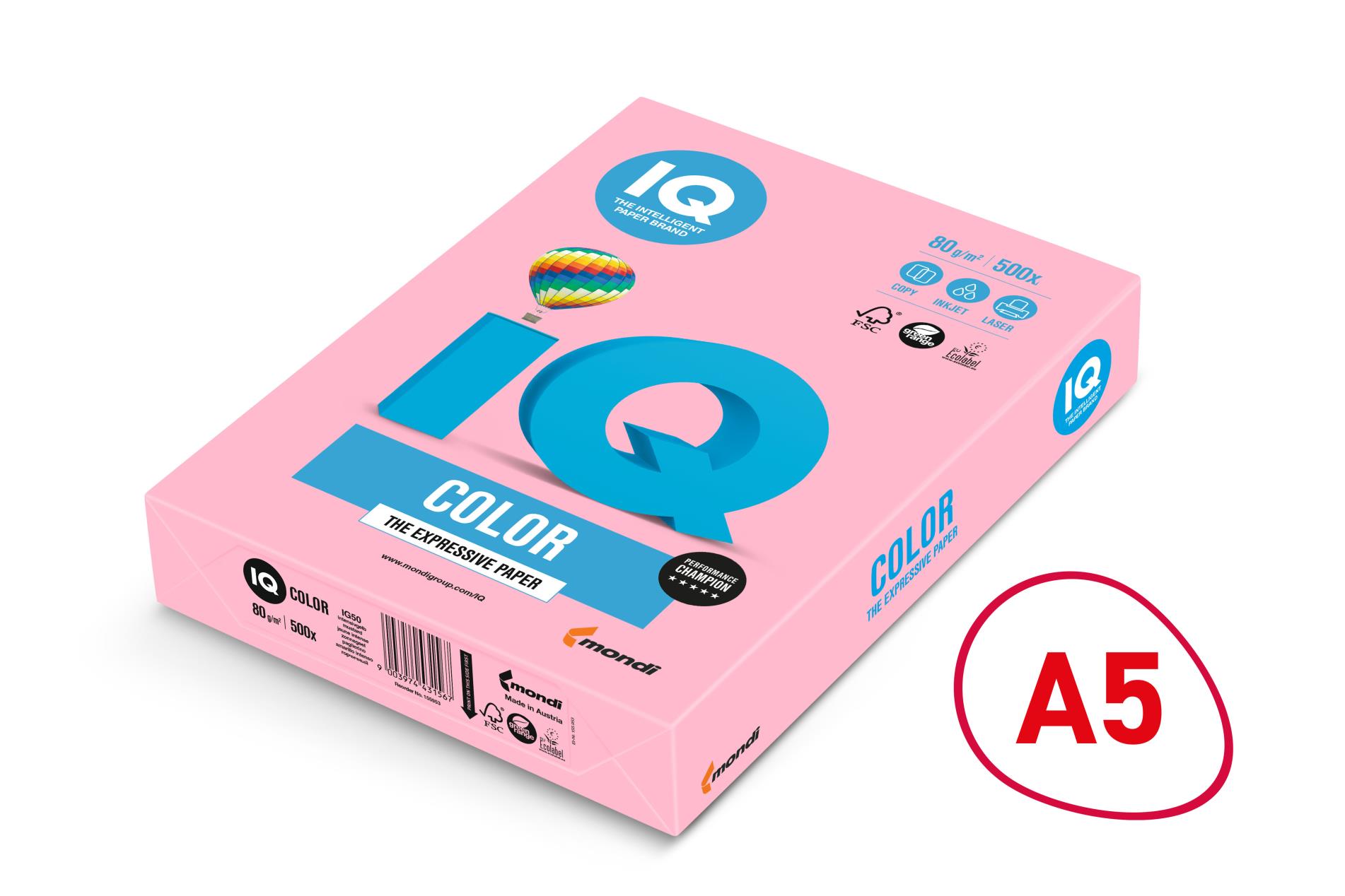 Barevný papír IQ A5 - 80 g/m2, OPI74, světle růžový, 500 listů