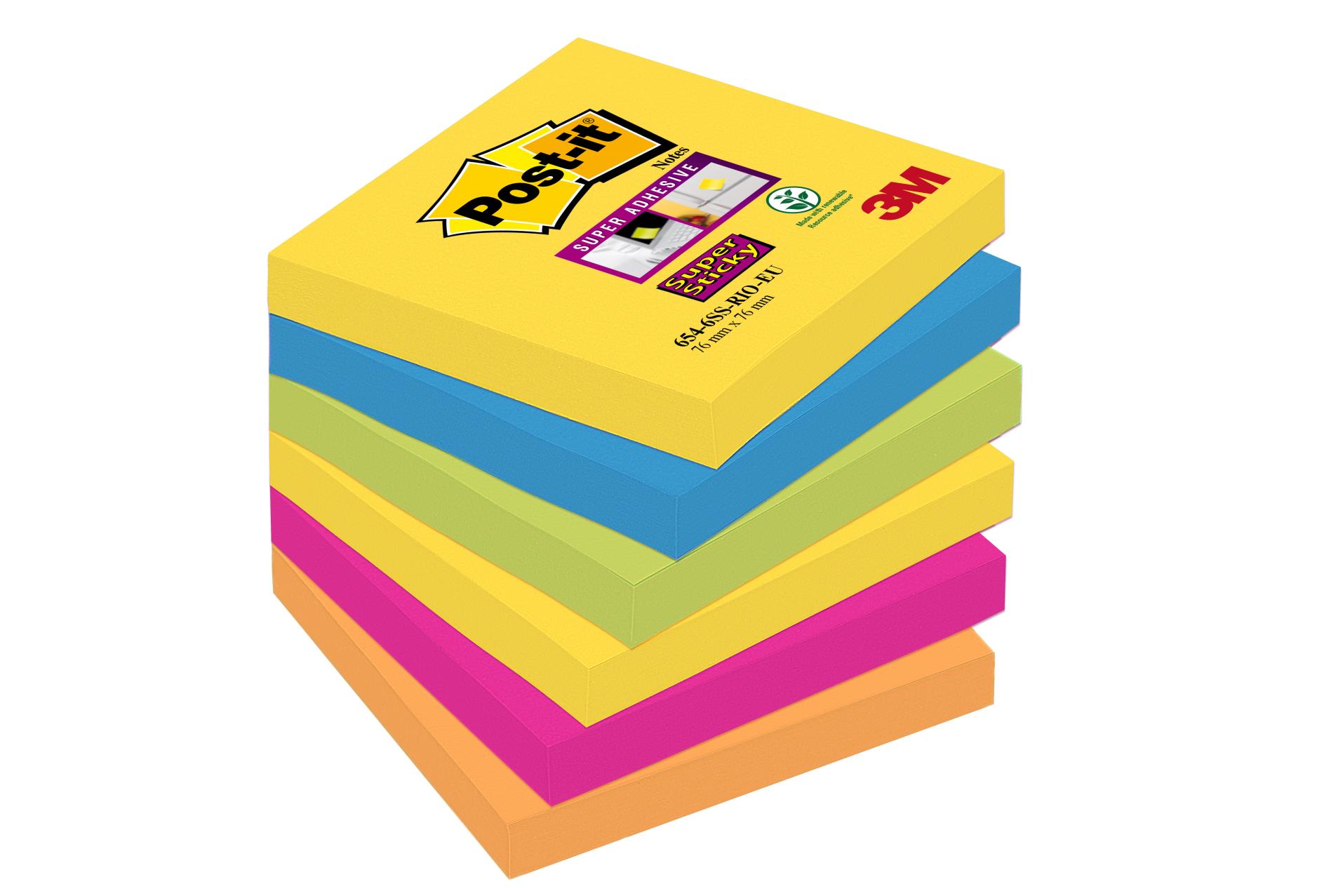 Poznámkové samolepicí lístky Post-it Super Sticky Rio - 7,6 x 7,6 cm, 5 barev, 6 x 90 ks