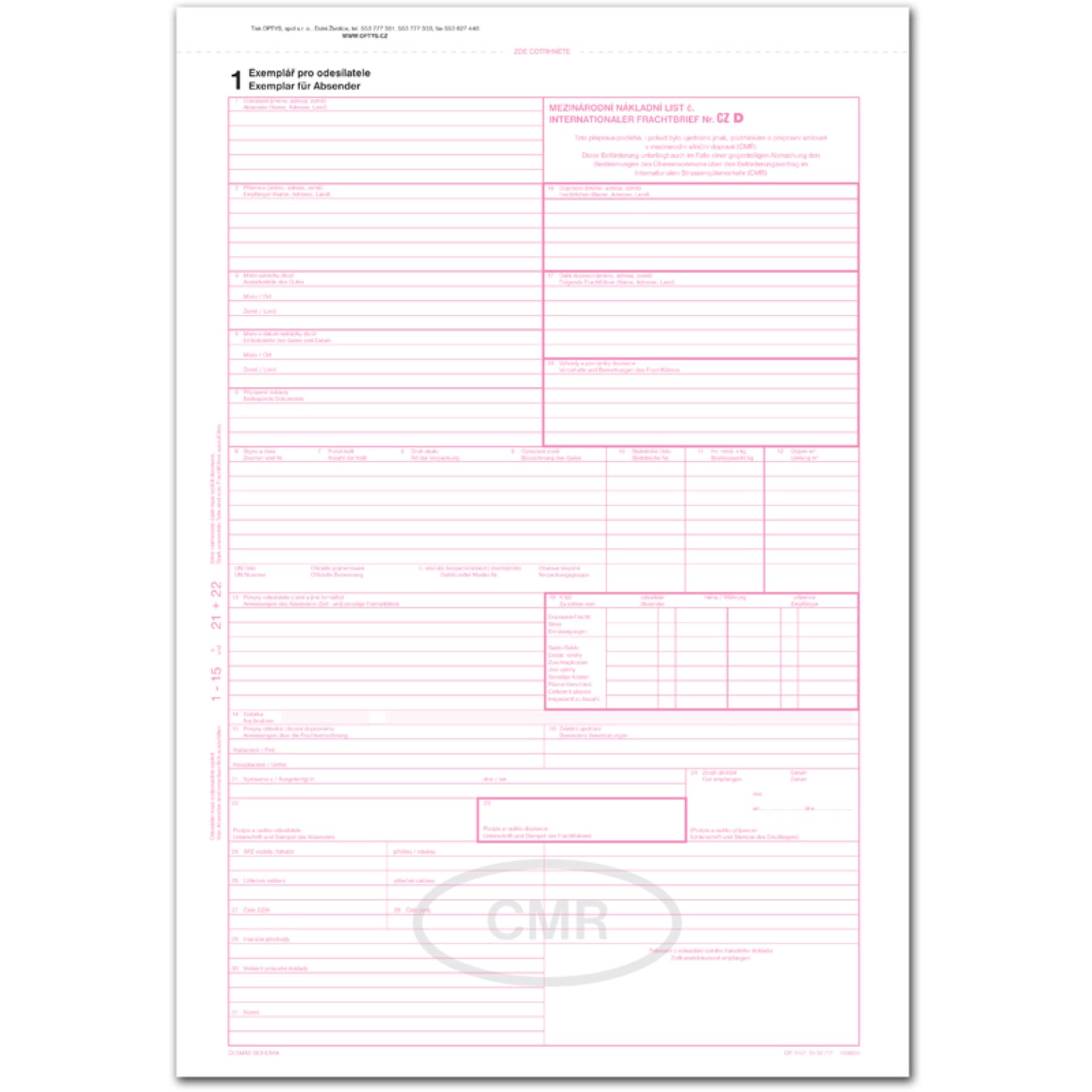 Optys CMR - Mezinárodní nákladní list (ČJ/NJ), číslovaný