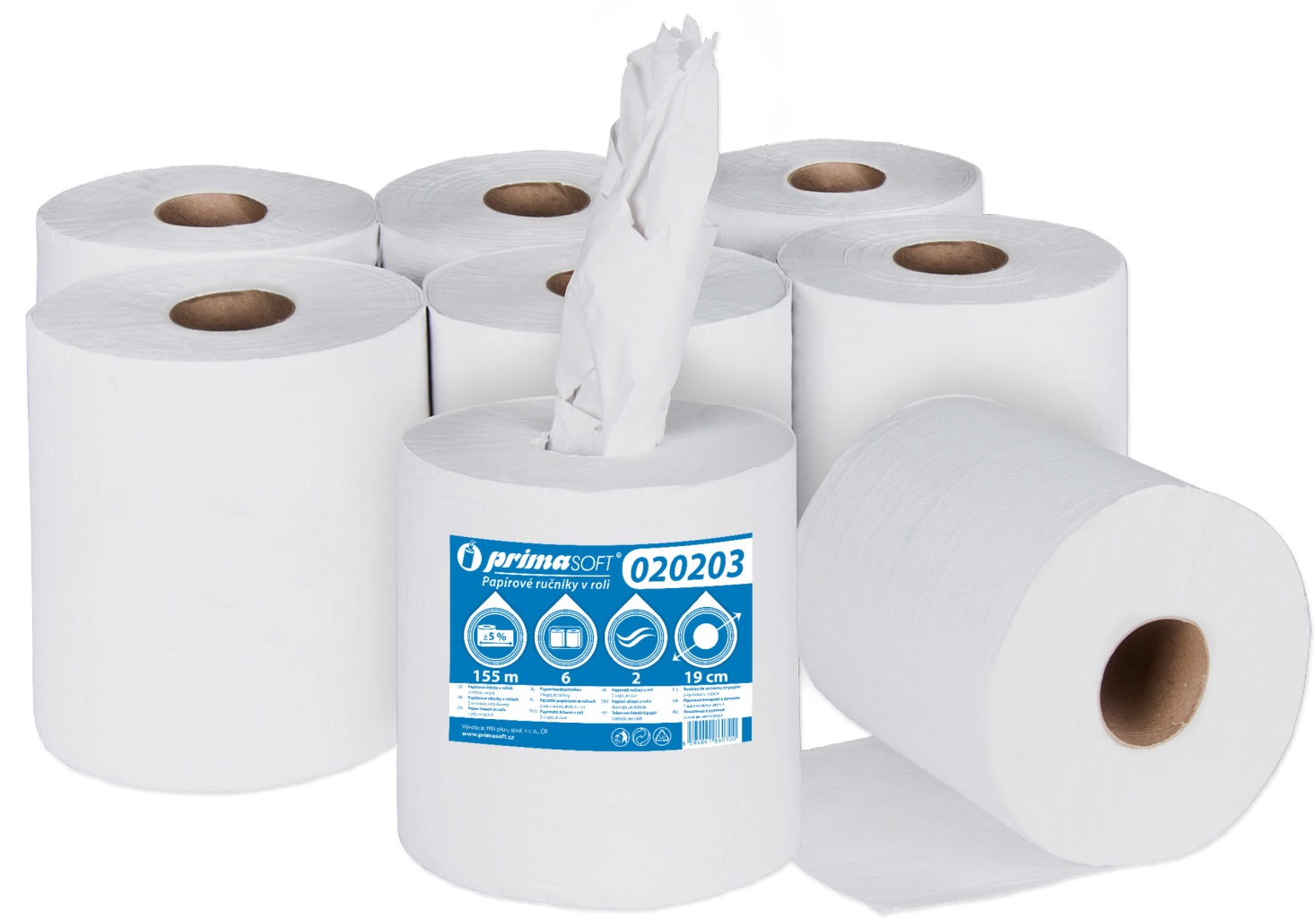 Primasoft Papírové ručníky v roli, dvouvrstvé, bělený recykl, 155 m, 6 rolí