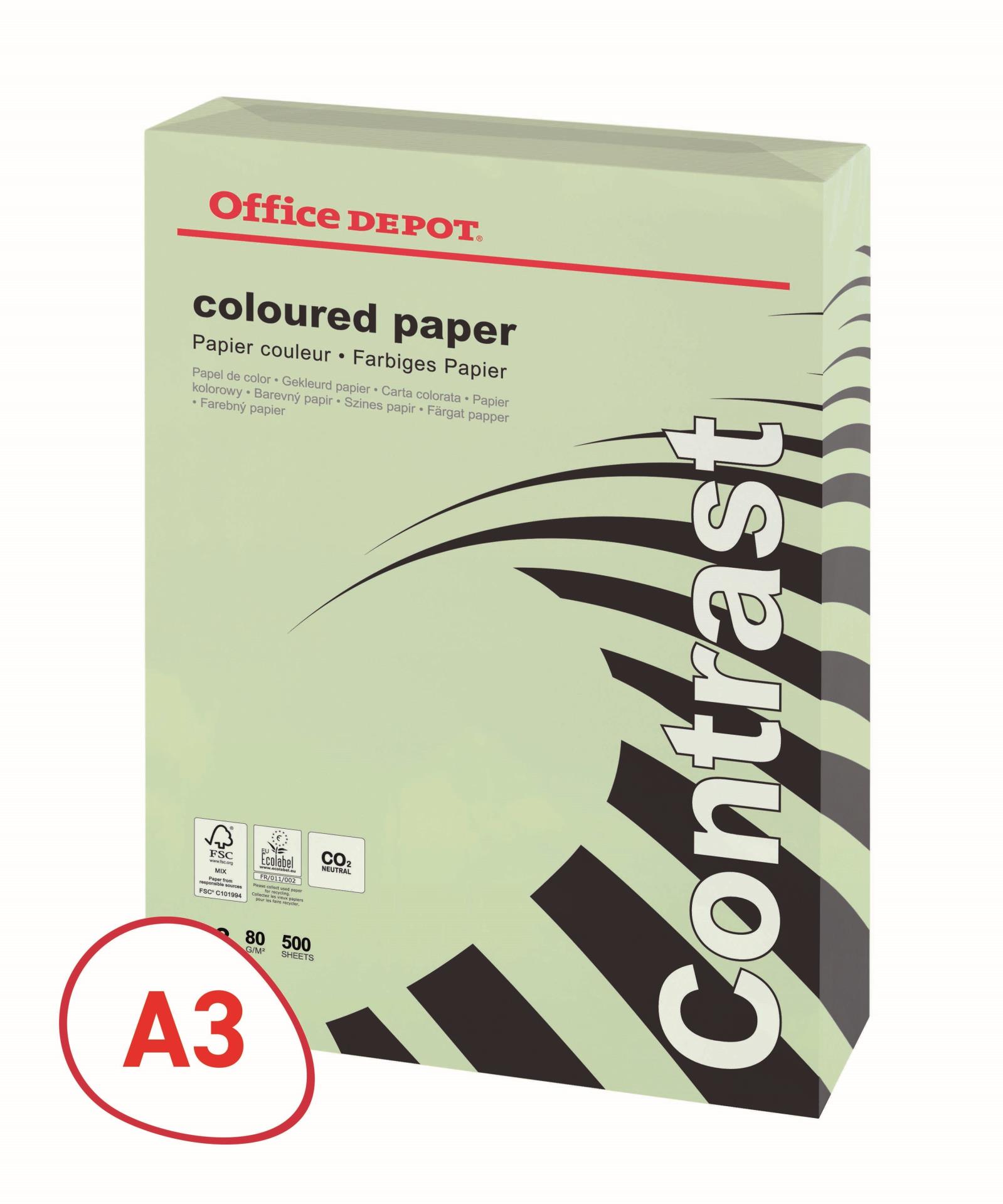Barevný papír Office Depot Contrast - A3, pastelově zelená, 80 g, 500 listů