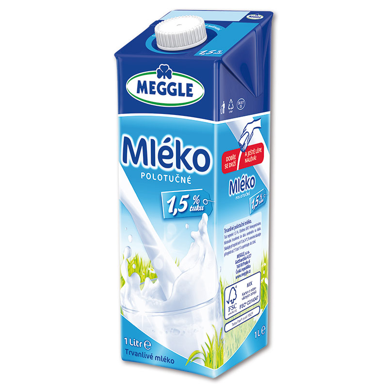Trvanlivé mléko Meggle, polotučné 1,5%, 1 l
